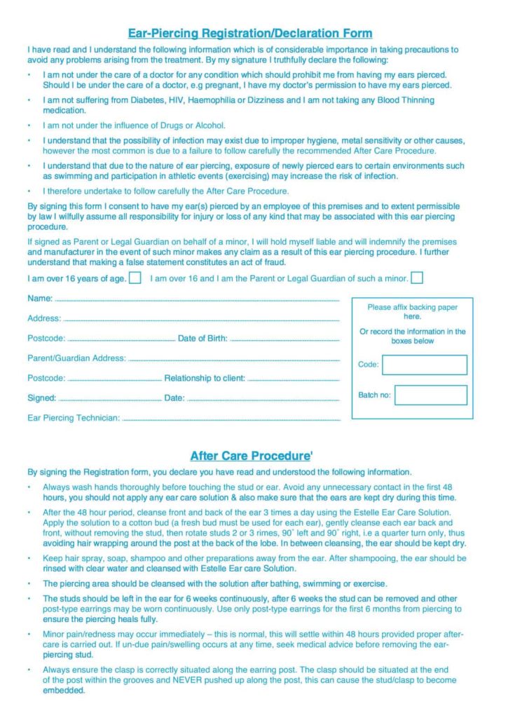 Estelle Ear Piercing Register and After Care Instructions
